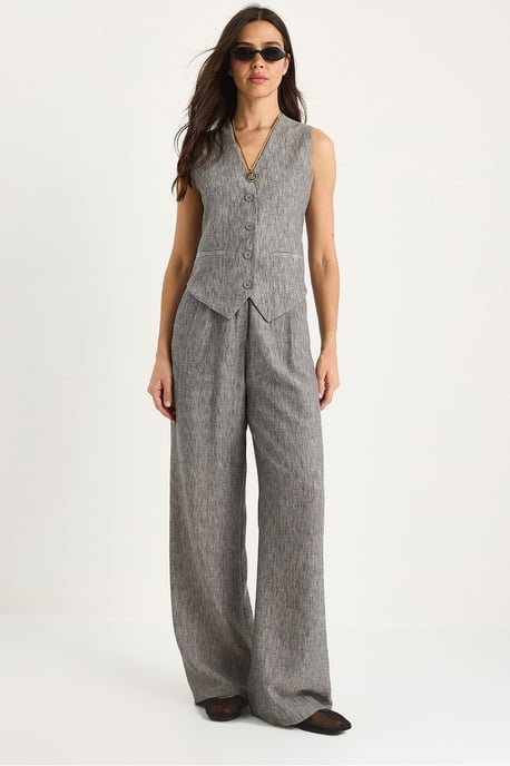 V-hals Vest en Wijde Pantalon Twee-delige Coord Set - Image 1
