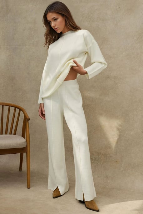 Lang Sweater & Hoge Taille Wijde Pijpen Brei Set - Image 2
