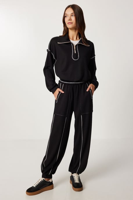 Zipper Collar Long Sleeve Two-Piece Coord Set - Image 1