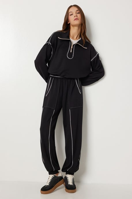 Zipper Collar Long Sleeve Two-Piece Coord Set - Image 2