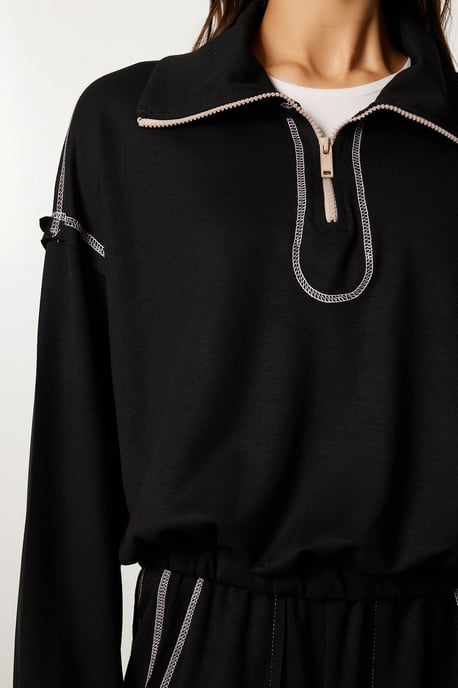 Zipper Collar Long Sleeve Two-Piece Coord Set - Image 3