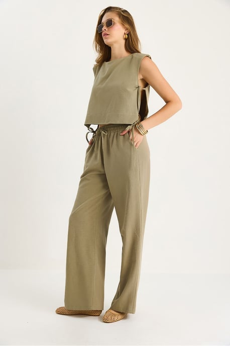 Crew Neck Striksluiting Twee-delige Co-ord Set met Wijde Pantalons - Image 3
