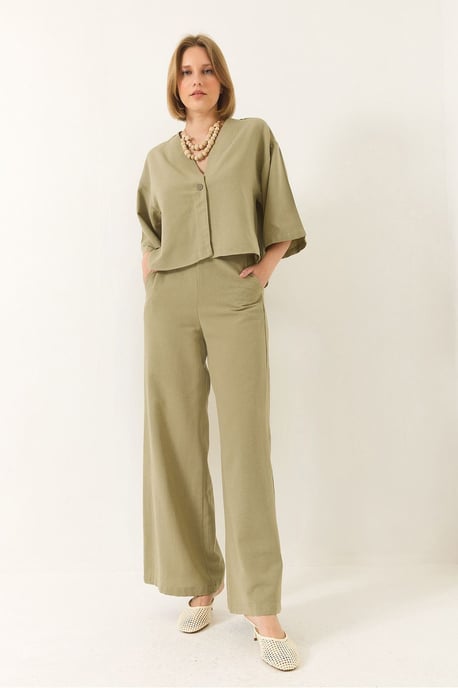 V-hals Tuniek en Wijde Pantalon Twee-Delige Set - Image 3