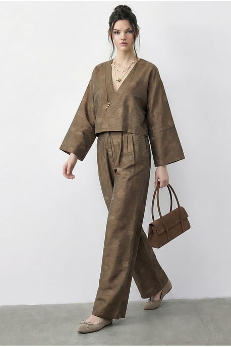 Bloemige V-hals Oversized Kimono en Wijde Pantalon Set - Image 2