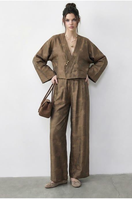 Bloemige V-hals Oversized Kimono en Wijde Pantalon Set - Image 3