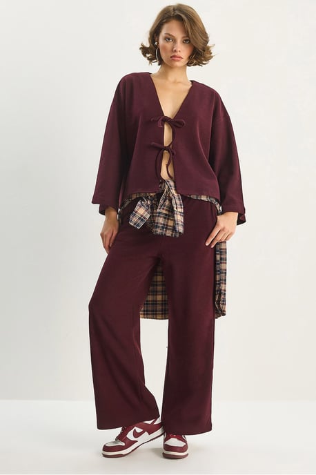V-ringad stickad cardigan och vida byxor set - Image 1