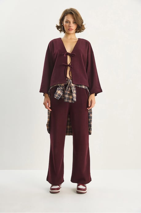 V-ringad stickad cardigan och vida byxor set - Image 2