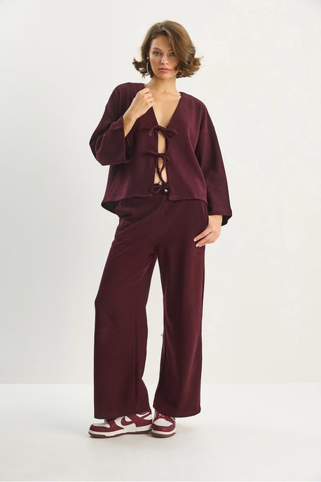 V-ringad stickad cardigan och vida byxor set - Image 3