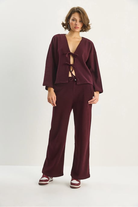 V-ringad stickad cardigan och vida byxor set - Image 4
