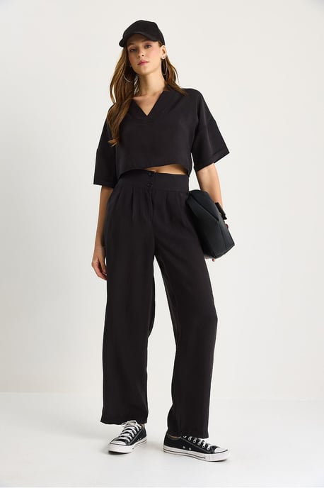 V-Neck Knitted Two-Piece Coord Set with Wide Leg Pants - Image 3