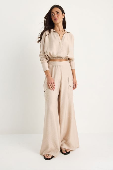 High Waist V-Neck Crop Sweatshirt and Wide Leg Pants Set - Image 2
