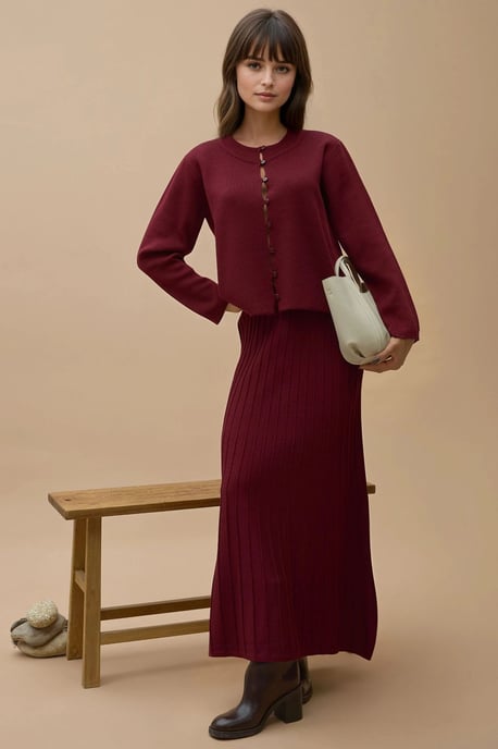 Gestructureerde Brei Co-Ord Set met Crew Neck Cardigan en Uitlopende Rok - Image 2