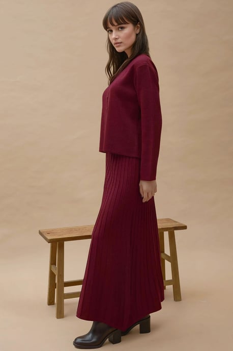 Gestructureerde Brei Co-Ord Set met Crew Neck Cardigan en Uitlopende Rok - Image 4