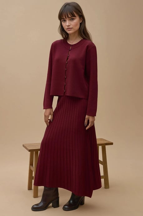 Gestructureerde Brei Co-Ord Set met Crew Neck Cardigan en Uitlopende Rok - Image 6