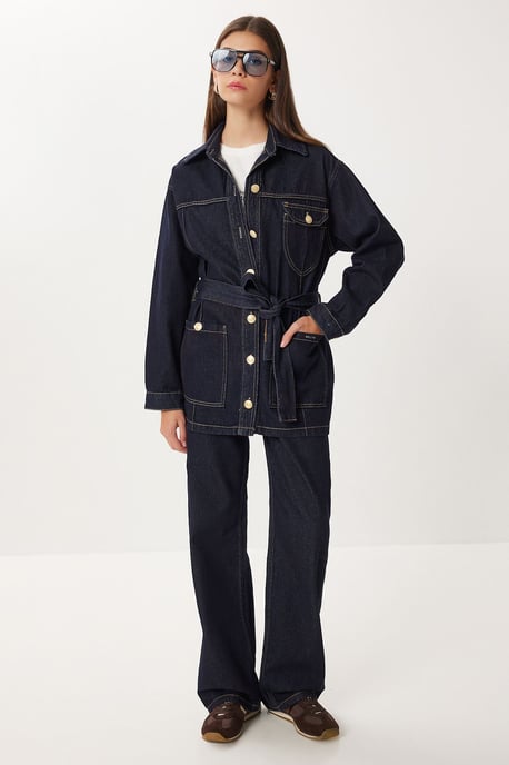 Gecoate Spijkerjack met Taille en Wijde Pantalon Twee-Delige Set - Image 1