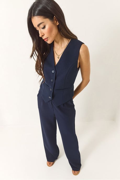 Gestructureerde V-hals Lange Co-Ord Set met Knopsluiting - Image 1
