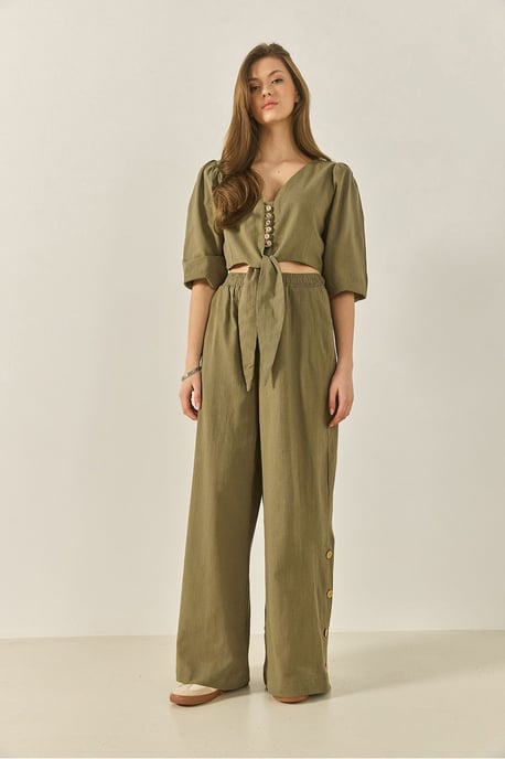 Textured V-Neck Long Sleeve Two-Piece Coord Set - Image 2