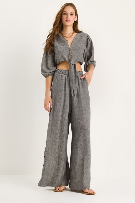 Textured V-Neck Long Sleeve Two-Piece Coord Set - Image 1
