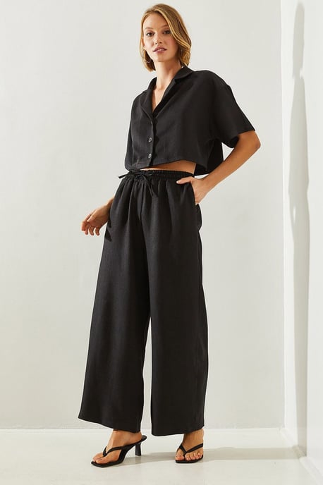 Geknoopte Crop Shirt en Wijd Pantalon Co-ord Set - Image 2