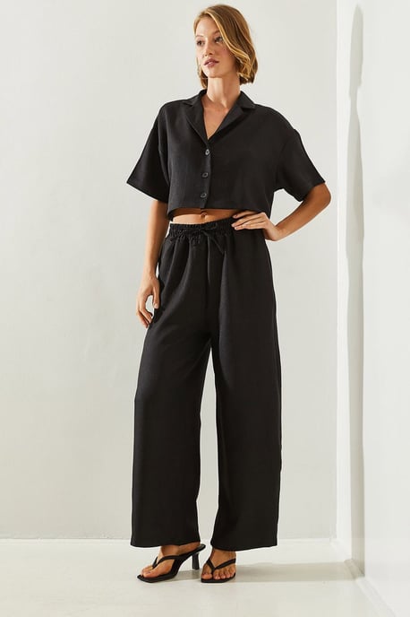 Geknoopte Crop Shirt en Wijd Pantalon Co-ord Set - Image 3