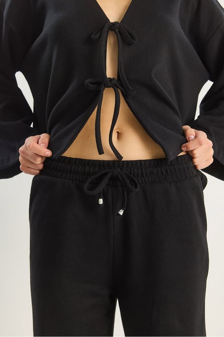 V-ringad stickad cardigan och byxor med vida ben set - Image 5