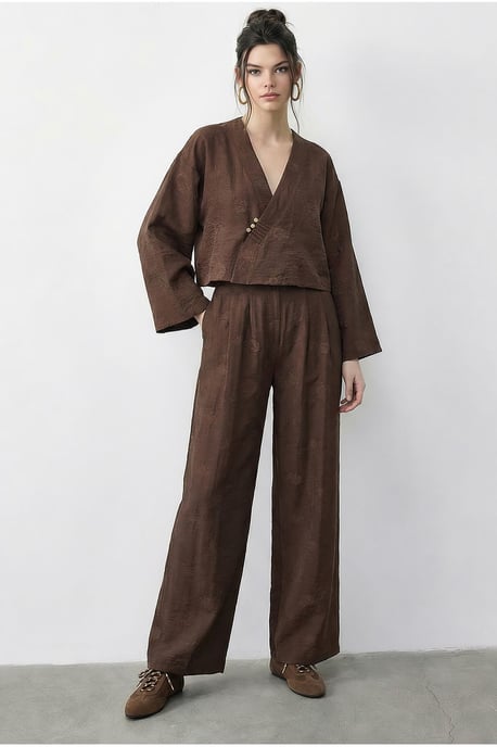 Bloemige V-hals Oversized Kimono en Wijde Broek Set - Image 2