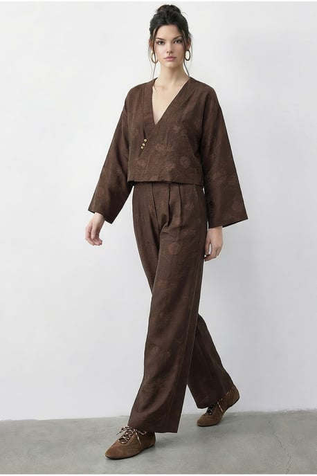 Bloemige V-hals Oversized Kimono en Wijde Broek Set - Image 3