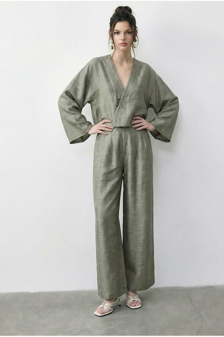 Bloemige V-hals Oversized Kimono en Wijde Pantalon Set - Image 2