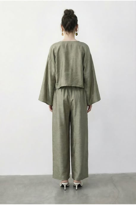 Bloemige V-hals Oversized Kimono en Wijde Pantalon Set - Image 4