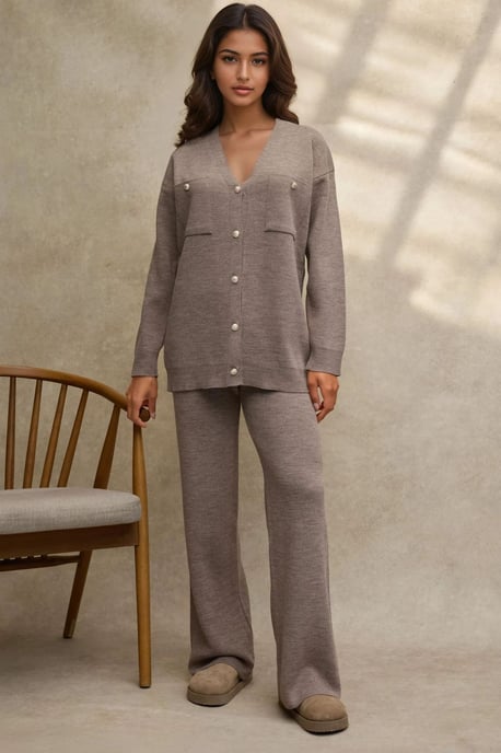 V-hals Cardigan & Hoge Taille Wijde Pantalon Gebreid Set - Image 1
