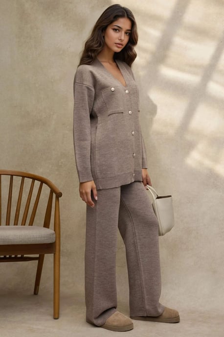 V-hals Cardigan & Hoge Taille Wijde Pantalon Gebreid Set - Image 2