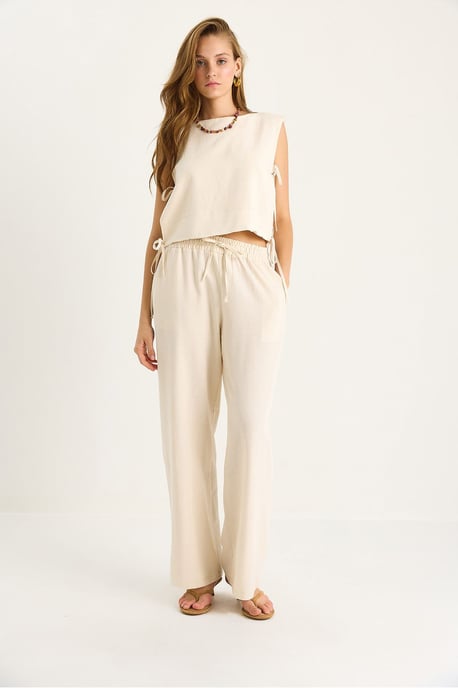 Crew Neck Striksluiting Twee-delige Co-ord Set met Wijde Pantalons - Image 2