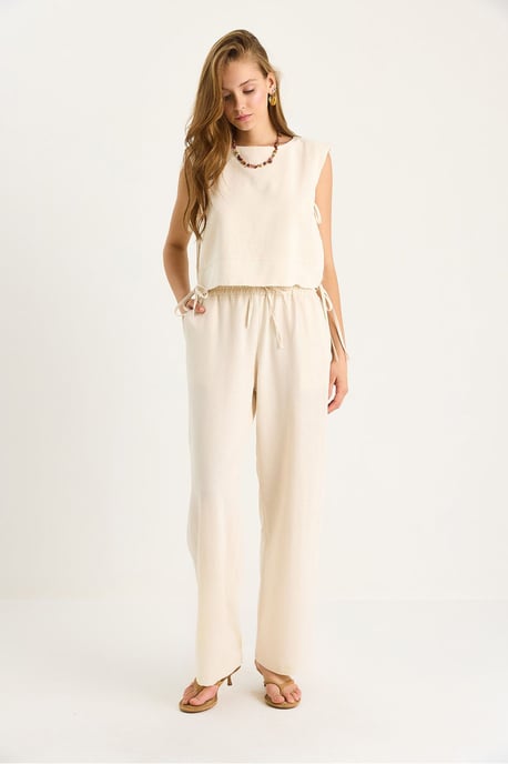 Crew Neck Striksluiting Twee-delige Co-ord Set met Wijde Pantalons - Image 3