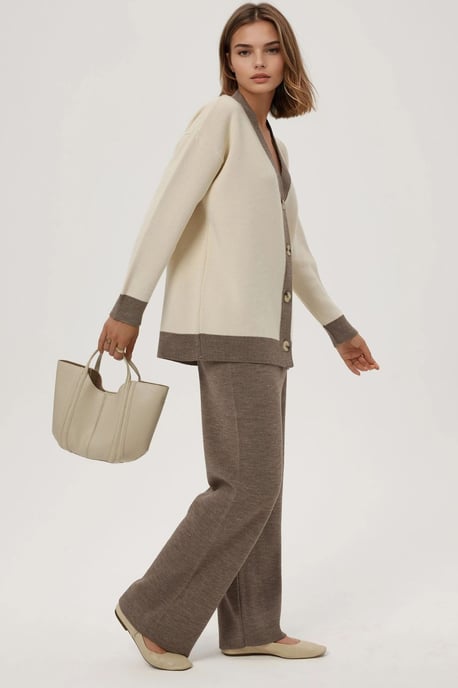 Geknoopte Cardigan & Textuur Hoog Midden Taille Gebreide Broek Co-Ord Set - Image 2