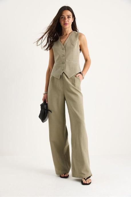 V-hals Vest en Wijde Pantalon Twee-delige Coord Set - Image 4