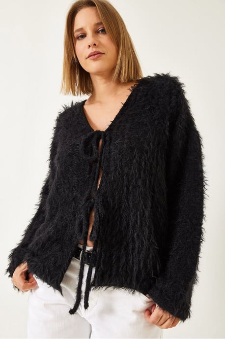 Texturerad stickad V-ringad lång cardigan med pompom - Image 2