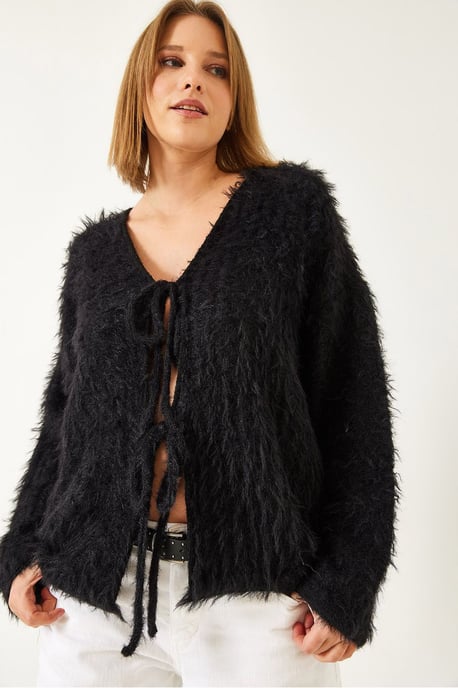Texturerad stickad V-ringad lång cardigan med pompom - Image 3