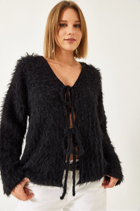 Texturerad stickad V-ringad lång cardigan med pompom - Image 4