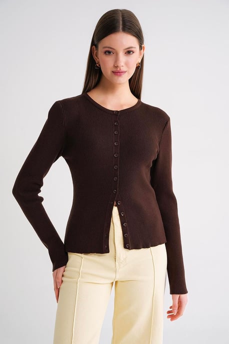Geknoopte Slim Fit Geribbelde Brei Cardigan - Image 2