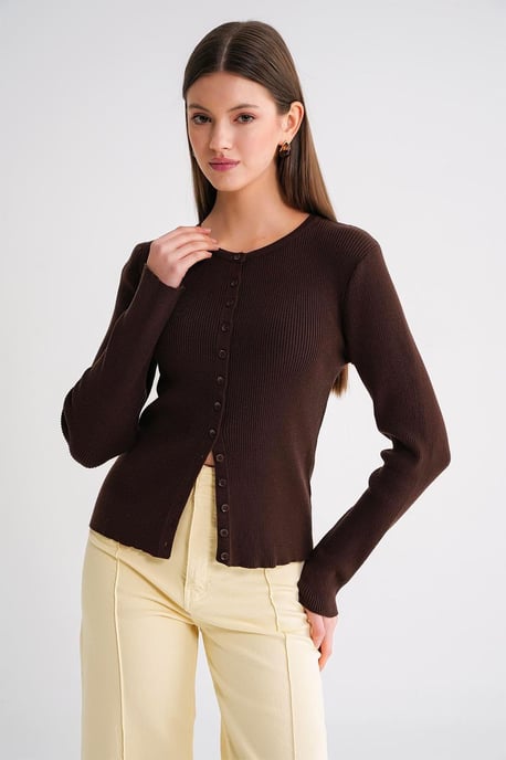 Geknoopte Slim Fit Geribbelde Brei Cardigan - Image 4