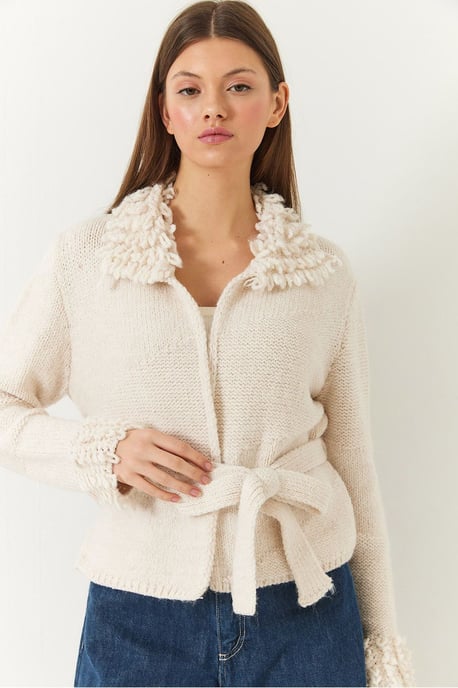Frilly Tie Closure Shawl Collar Cardigan - Image 3