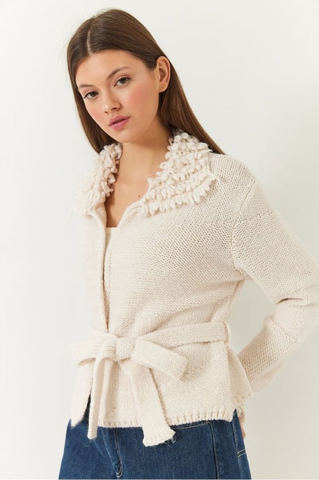 Frilly Tie Closure Shawl Collar Cardigan - Image 4