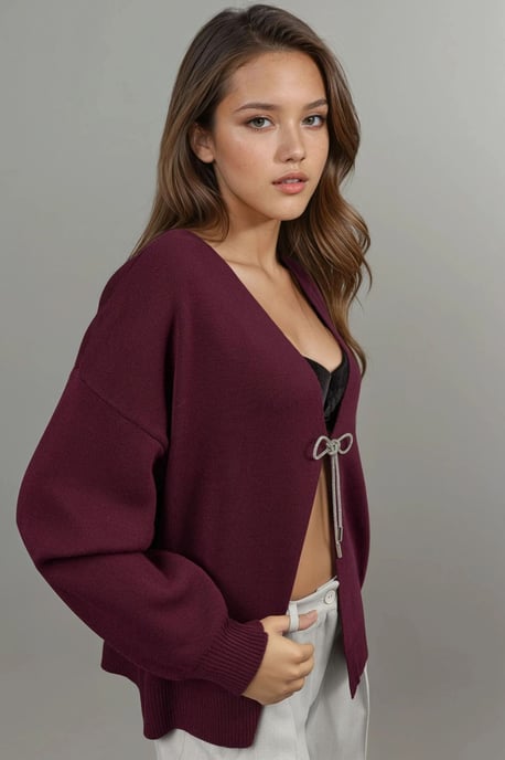 V-ringad stickad cardigan med rosettdetalj - Image 4