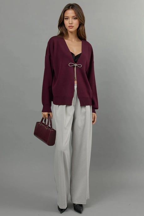 V-ringad stickad cardigan med rosettdetalj - Image 6
