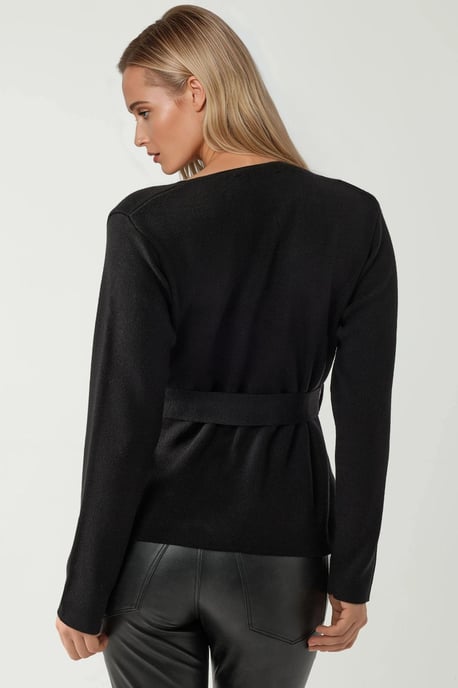 Dubbelknäppt stickad cardigan med midjeband - Image 3
