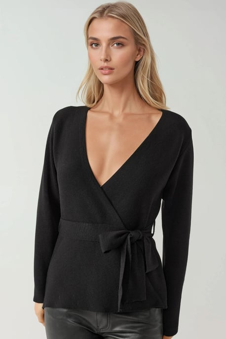 Dubbelknäppt stickad cardigan med midjeband - Image 6