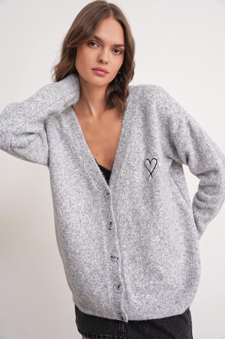 Oversized Knit Cardigan with Heart Detail - Image 1