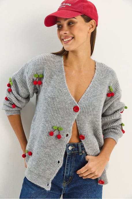V-hals Fruit Geborduurd Trui Cardigan - Image 3