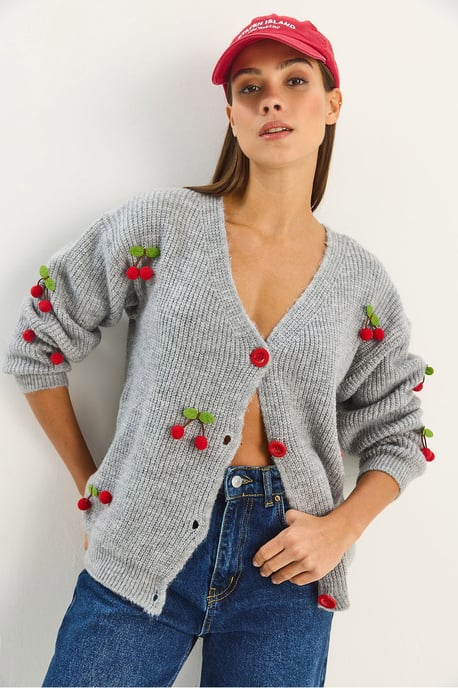 V-hals Fruit Geborduurd Trui Cardigan - Image 4