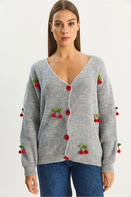 V-hals Fruit Geborduurd Trui Cardigan - Image 5